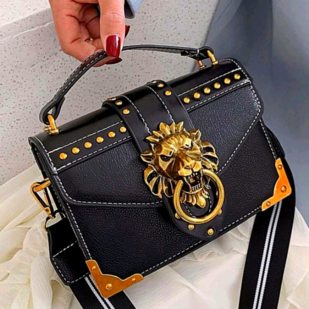 Black and Gold Lion-Embellished Handbag